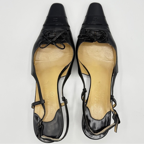 Vintage Chanel Patent Lambskin Black Leather CC Logo Ankle Buckle Slingback Heel - Picture 1 of 11